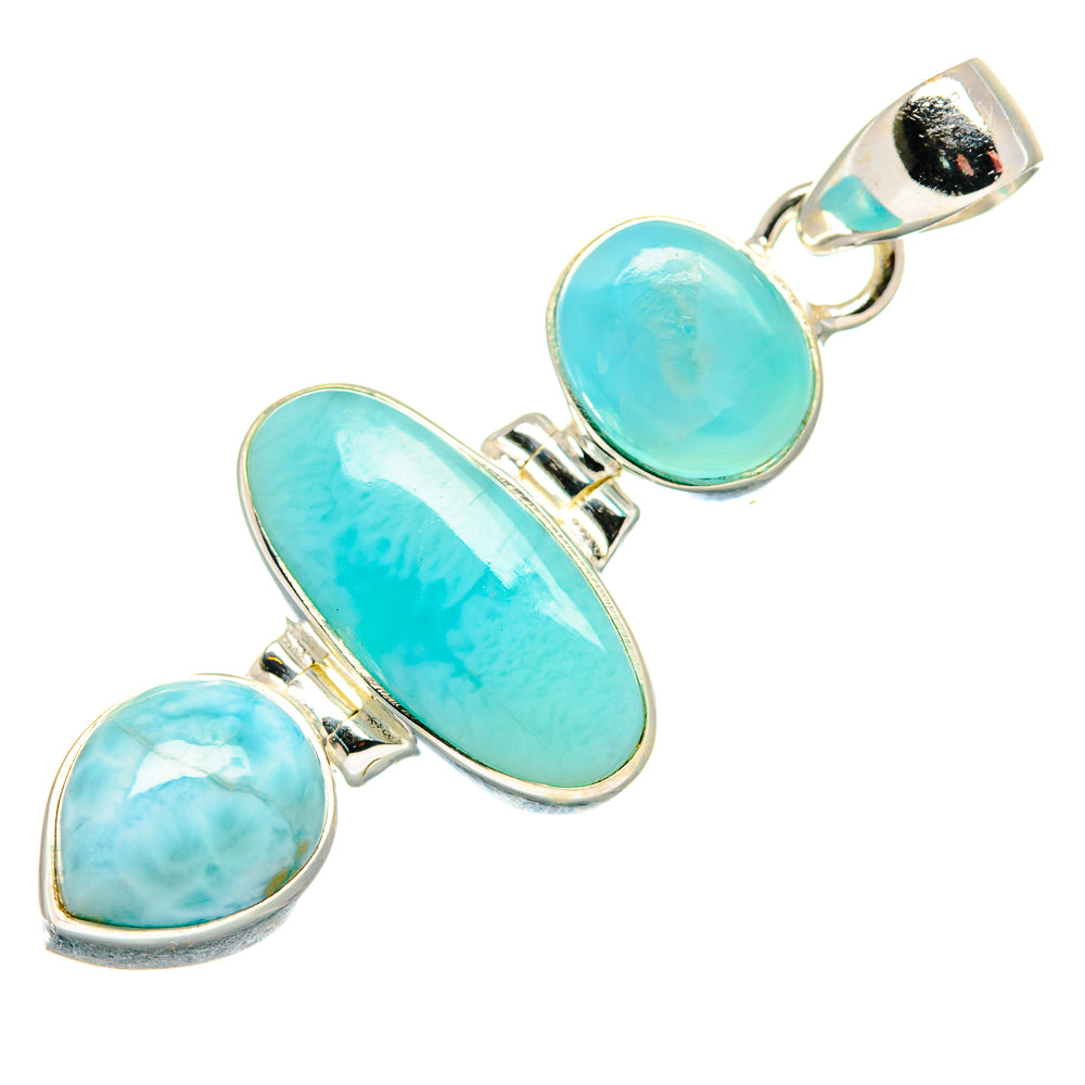 Larimar pendant with three oval turquoise-blue cabochons in sterling silver bezel setting