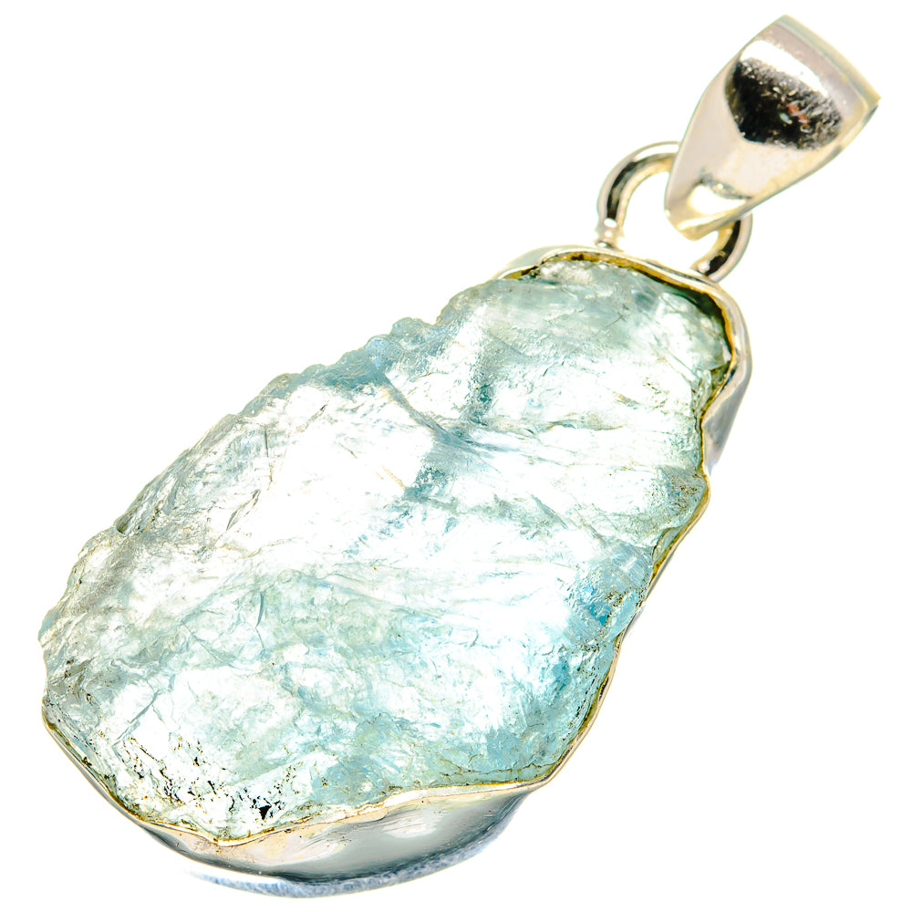 Rough aquamarine pendant, raw light-blue stone set in 925 sterling silver bail