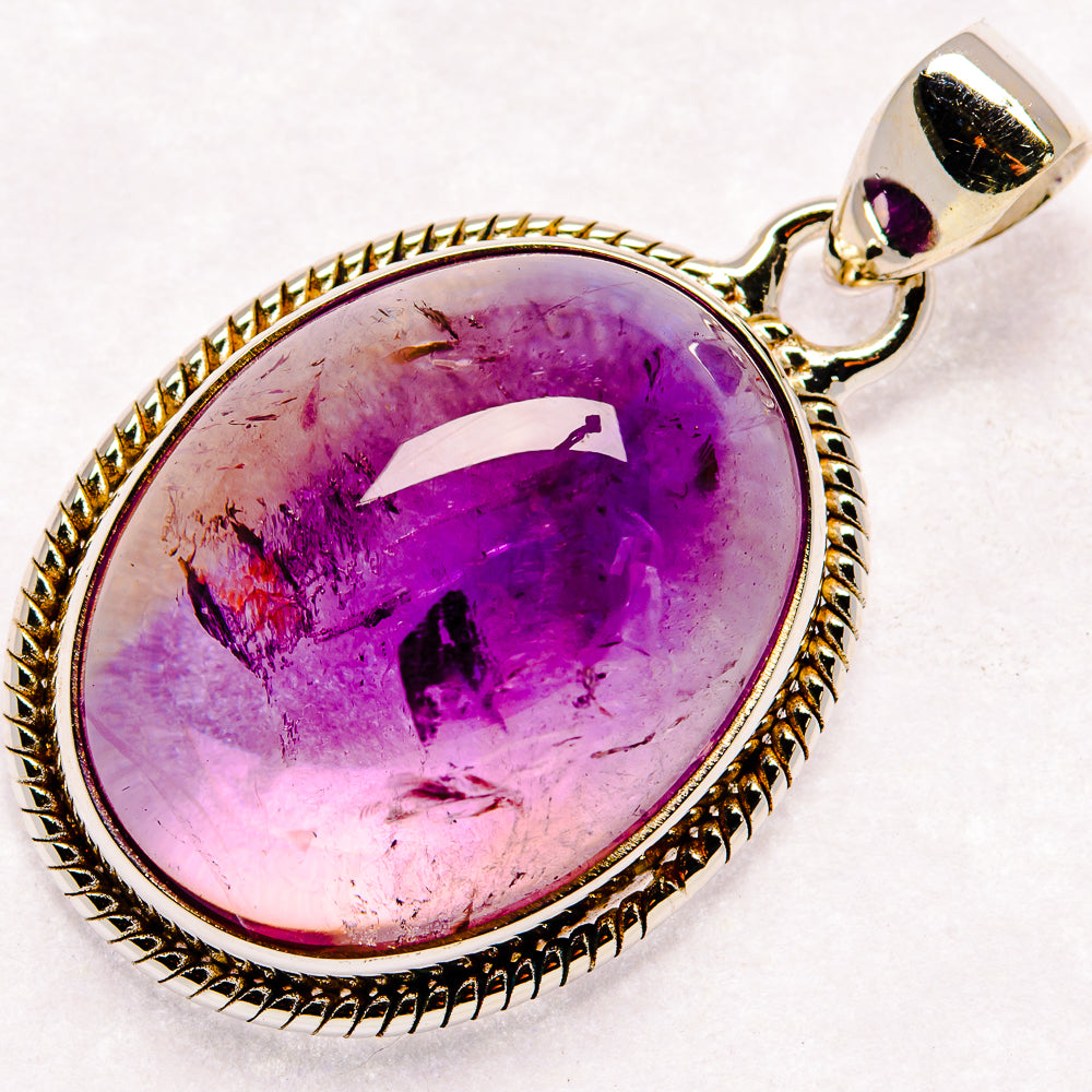 Oval ametrine pendant with purple stone, gold-tone beaded bezel, 925 sterling silver bail