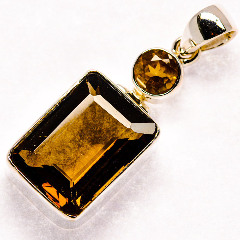 Smoky quartz pendant with black rectangular stone and amber round bail, 925 silver