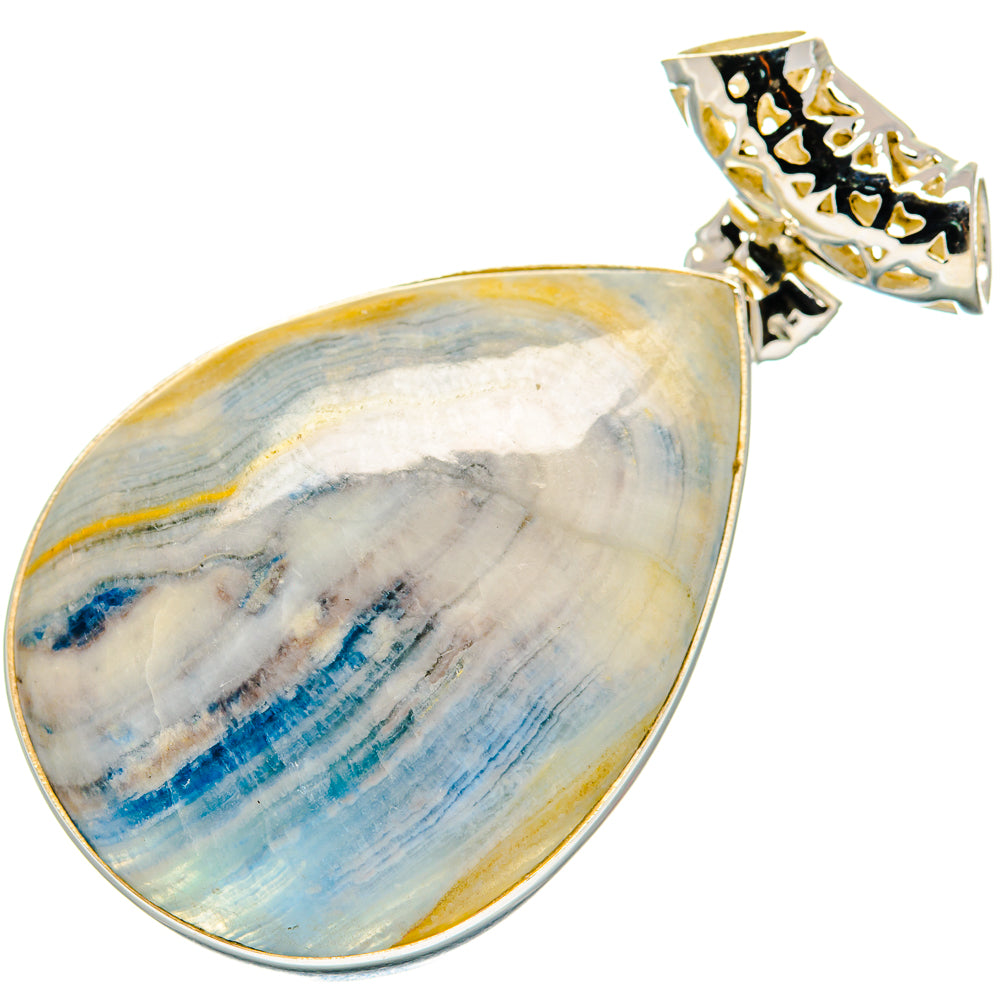 Blue scheelite teardrop pendant in 925 sterling silver bezel with openwork bail