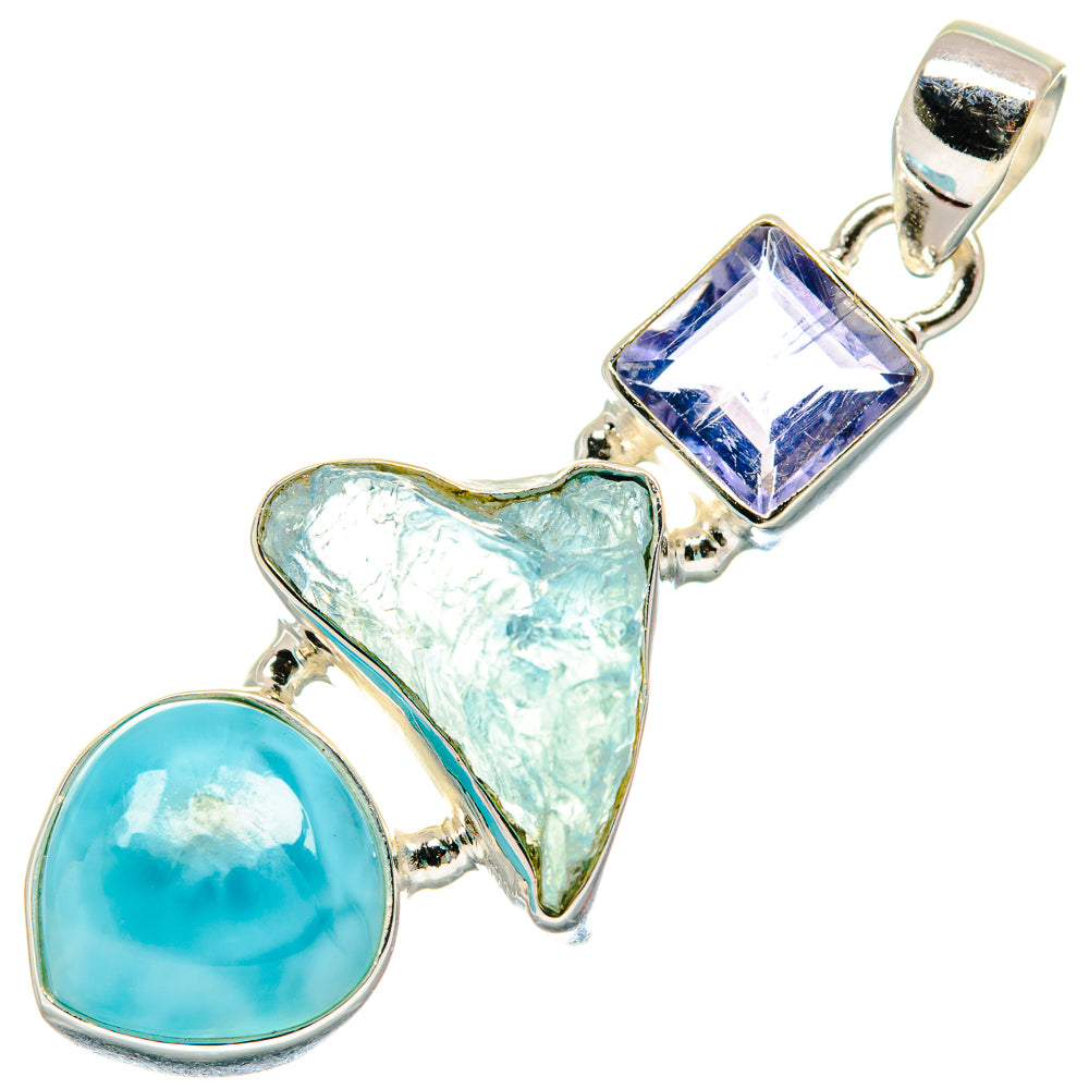 Sterling silver pendant with faceted purple square, teal marquise, and blue round cabochon