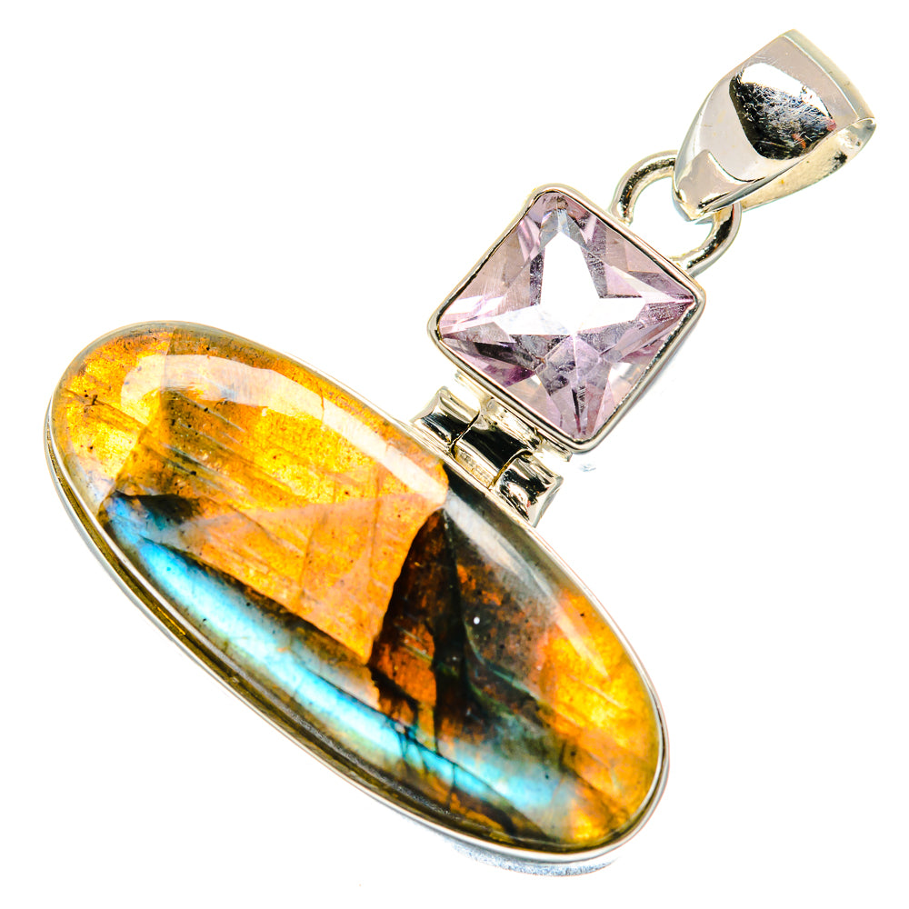 925 sterling silver pendant with oval labradorite and pink faceted kunzite