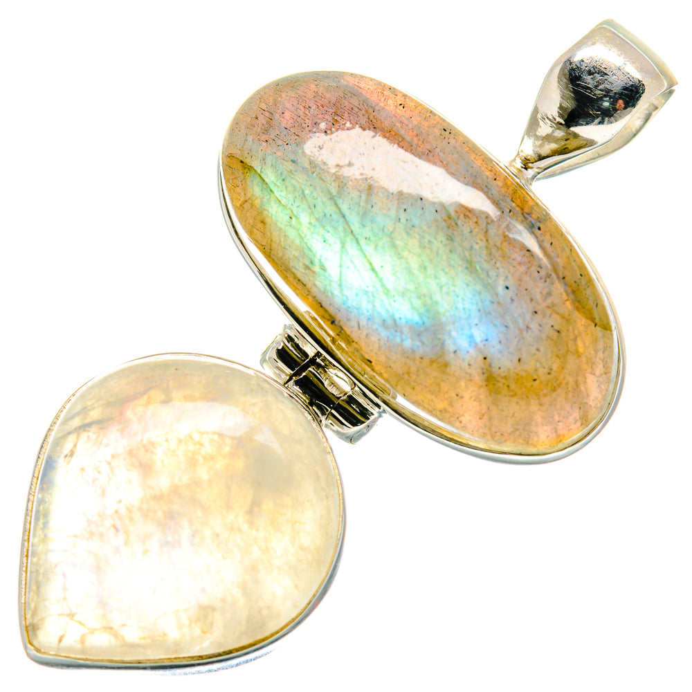 Two-stone opalescent pendant: oval labradorite and teardrop moonstone in 925 silver
