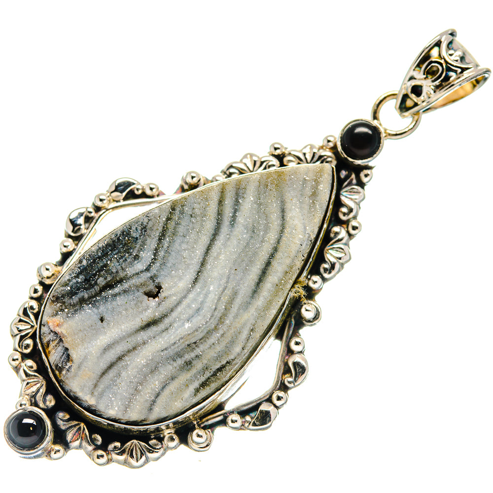 Teardrop druzy pendant with black onyx stones in sterling silver bezel