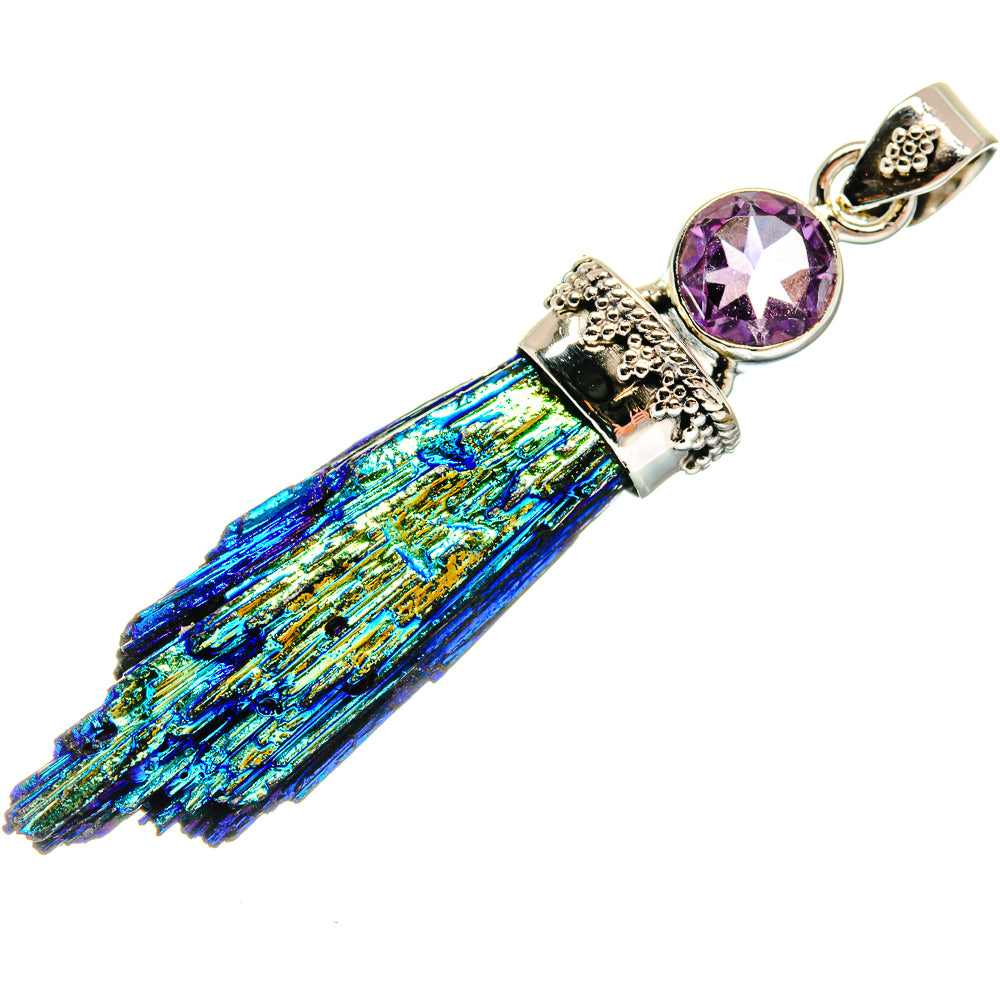 Amethyst stone and blue-green druzy crystal pendant in sterling silver setting.