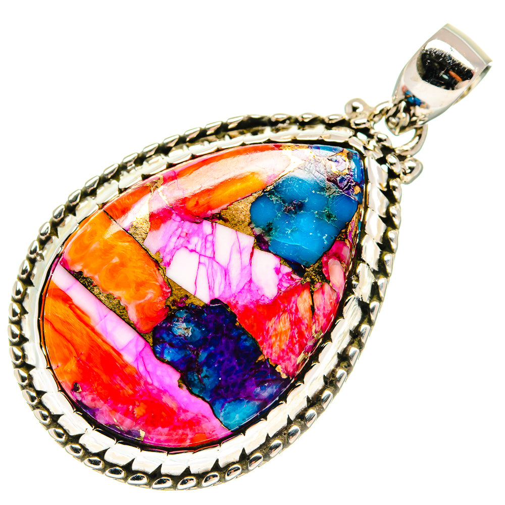 Teardrop multicolor cabochon gemstone pendant in 925 sterling silver, rope-edge bezel