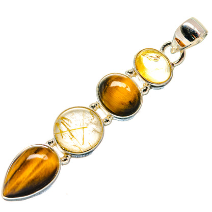 Tiger eye and rutilated quartz sterling silver pendant with five oval stones
