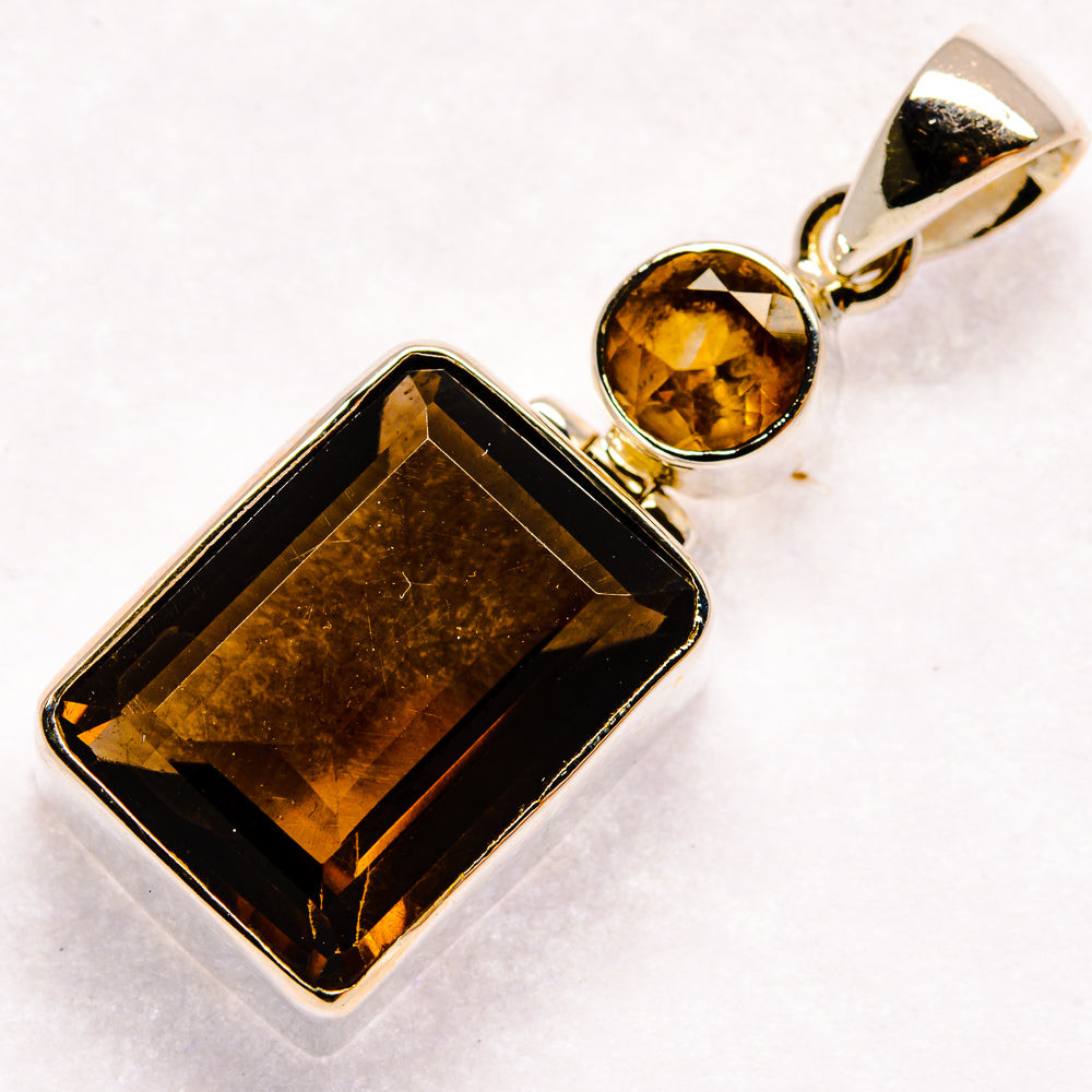 Smoky quartz pendant, square faceted smoky gemstone bezel-set in 925 sterling silver