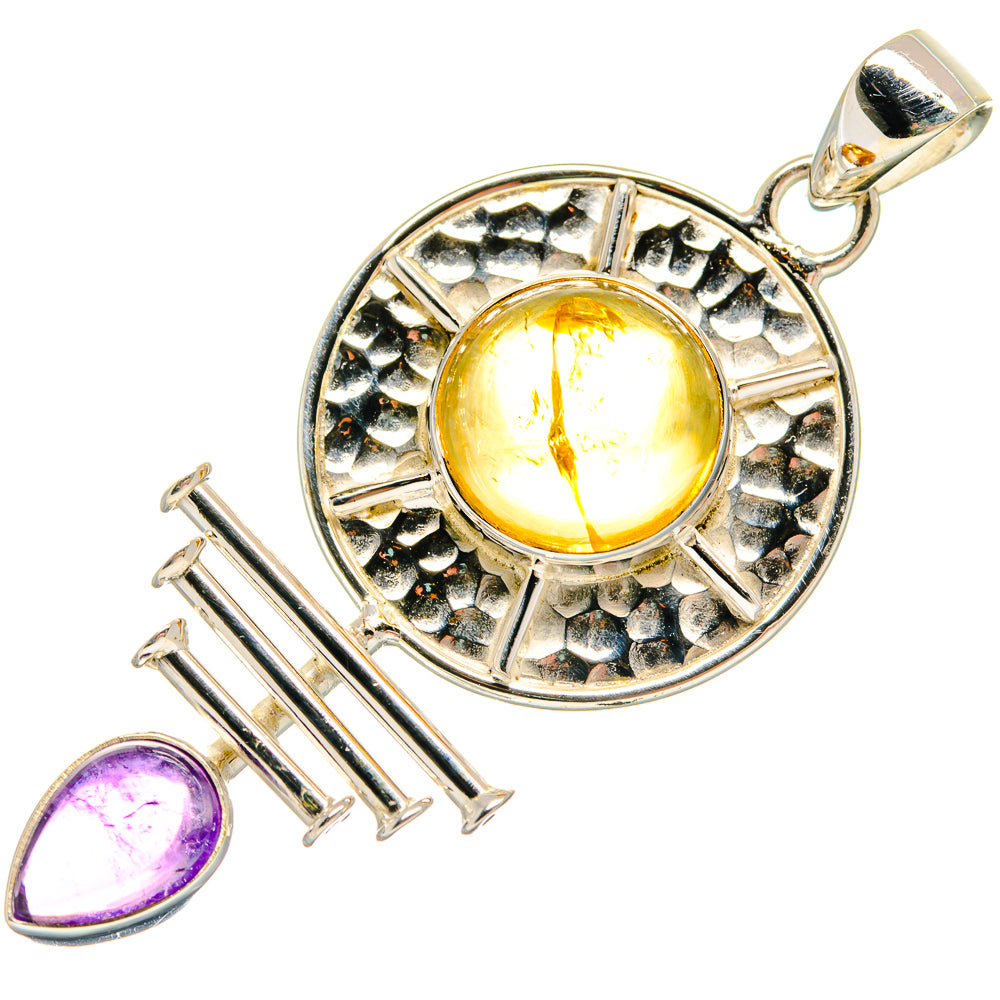 Round citrine pendant and amethyst drop charm in 925 sterling silver textured bezel