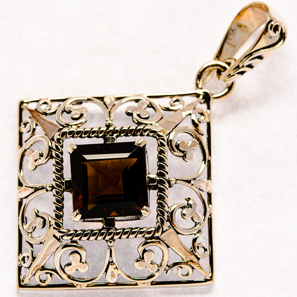 Sterling silver square filigree pendant with dark smoky quartz gemstone