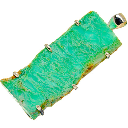 Rough chrysoprase bar pendant with silver prong bezel, bright green stone