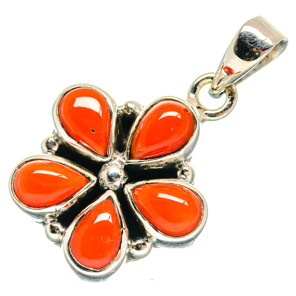 Red coral flower pendant in sterling silver with teardrop stones and loop bail
