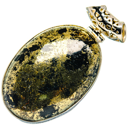 Oval black onyx pendant with gold flecks, silver-tone bail and bezel