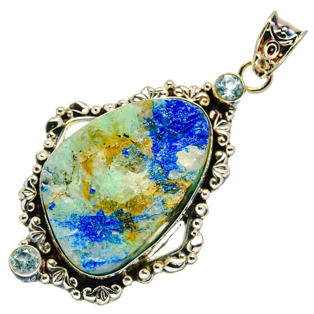 Rough azurite-and-blue topaz pendant in ornate 925 sterling silver bezel, oval stone