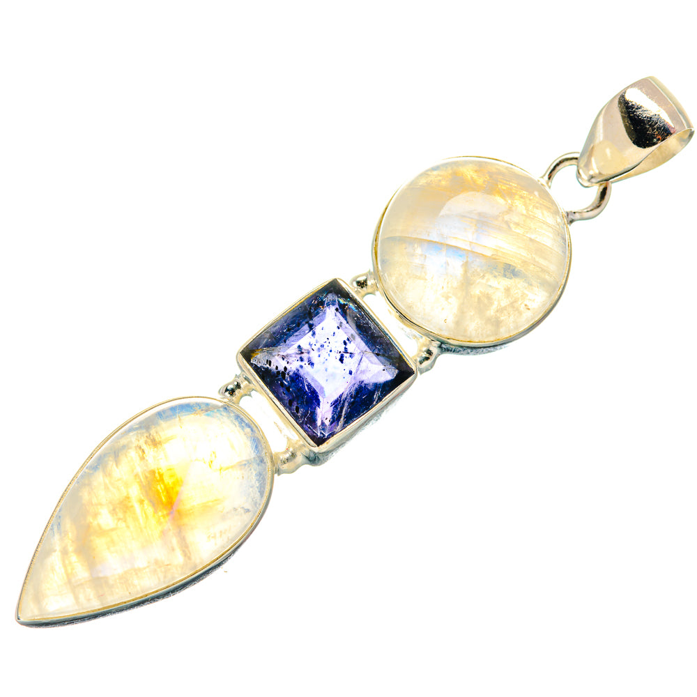 Sterling silver pendant with teardrop moonstone, round cabochon, and blue tanzanite