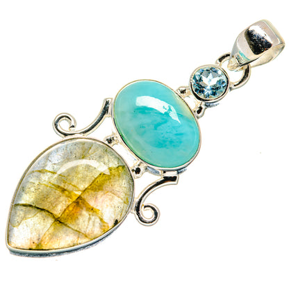 925 sterling silver pendant with oval larimar, teardrop labradorite, blue topaz accents