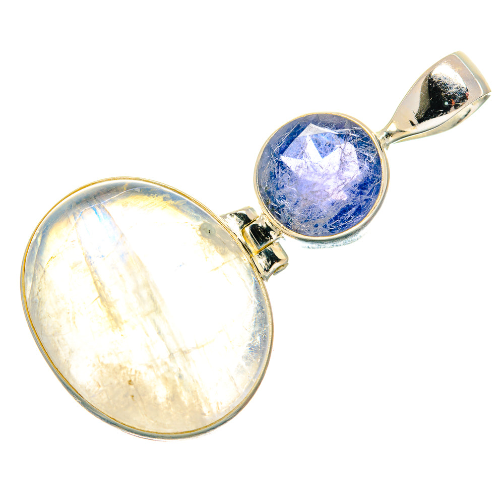 925 sterling silver pendant with round moonstone and blue tanzanite, double bezel