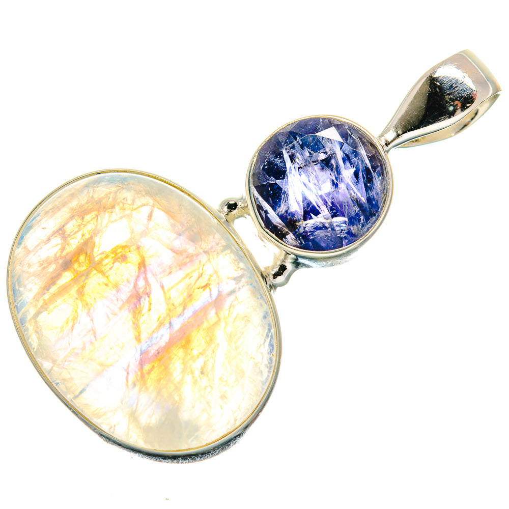 925 sterling silver pendant with round rainbow moonstone and blue faceted stone