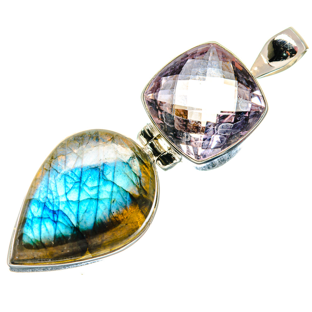 Sterling silver pendant with large labradorite teardrop and faceted purple teardrop