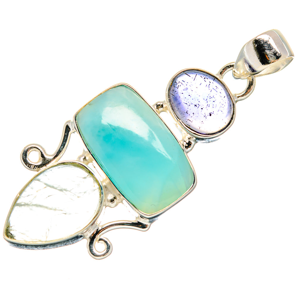 Sterling silver pendant with rectangular aqua stone, round lavender moonstone, clear teardrop