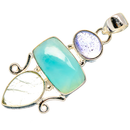 Sterling silver pendant with rectangular aqua stone, round lavender moonstone, clear teardrop