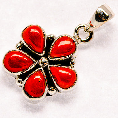 Red coral flower pendant in sterling silver, teardrop stones with bail