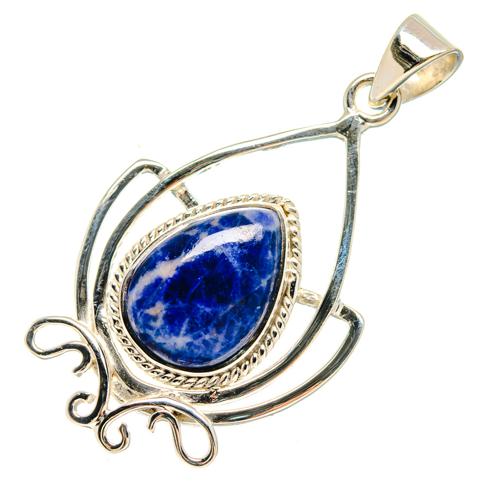 Sterling silver sodalite teardrop pendant with ornate loop frame and blue stone