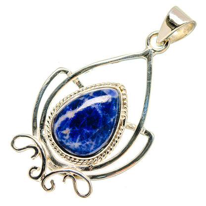 Sterling silver sodalite teardrop pendant with ornate loop frame and blue stone