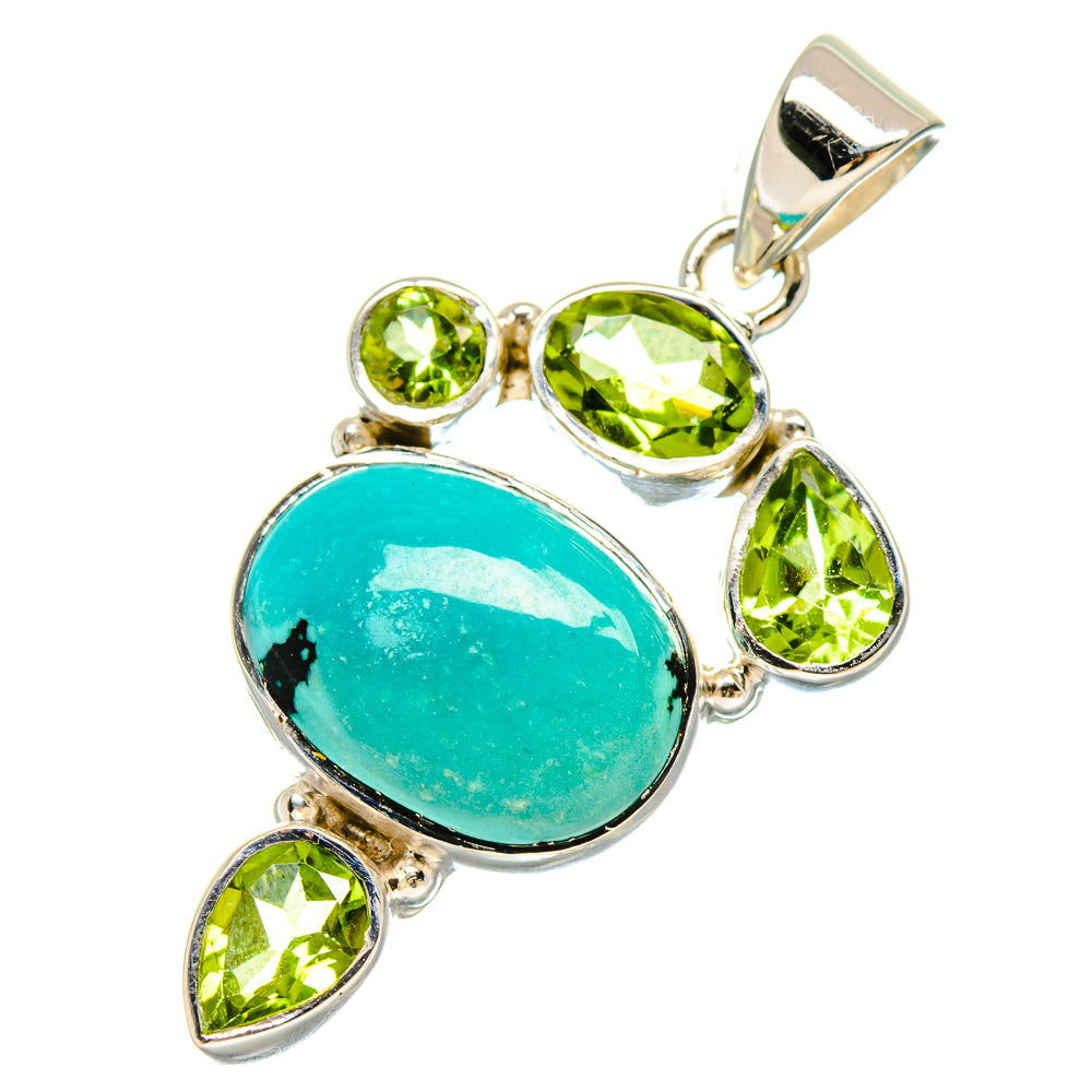 Turquoise oval pendant with peridot green gemstone accents in sterling silver
