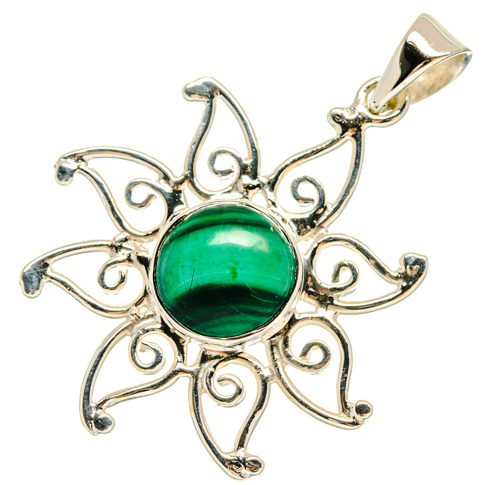 Malachite 925 sterling silver pendant with green round cabochon and ornate filigree top
