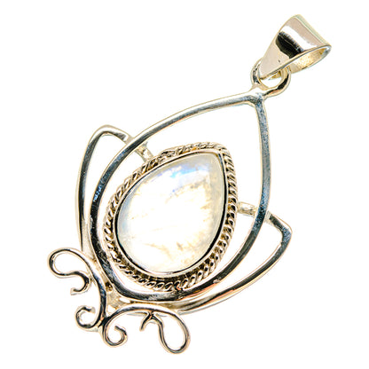 Sterling silver rainbow moonstone pendant with teardrop cabochon and openwork U-shaped frame
