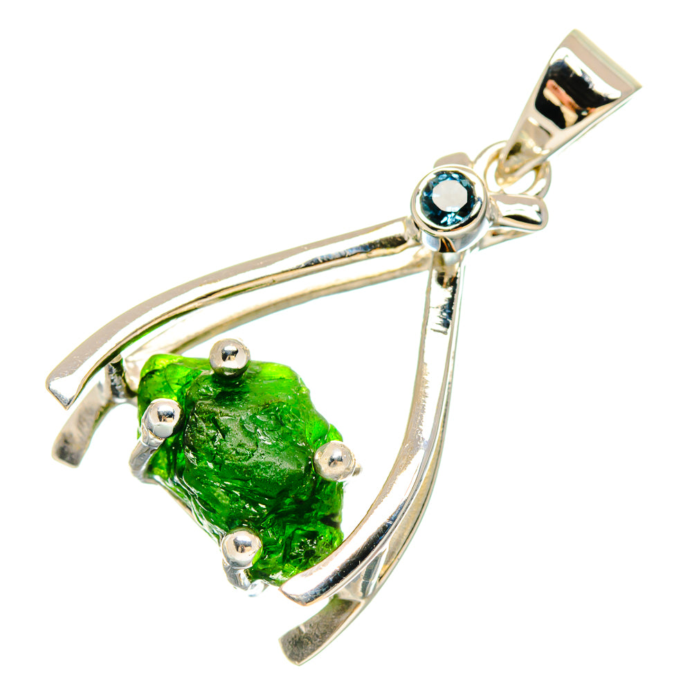 Teardrop sterling silver pendant with rough green stone and blue round cabochon bail