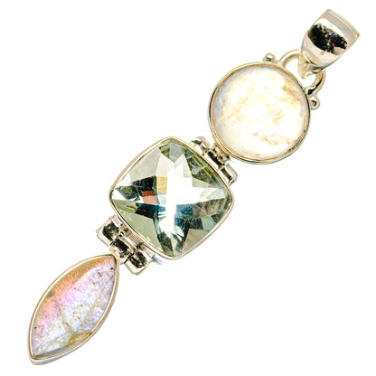 Sterling silver pendant with round opalescent gem, faceted green stone, and pink marquise gems