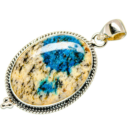 Oval azurite stone pendant in sterling silver rope bezel with bail
