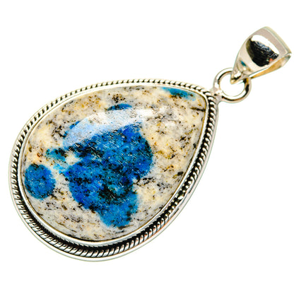 Teardrop azurite stone pendant in 925 sterling silver, round bail and rope border