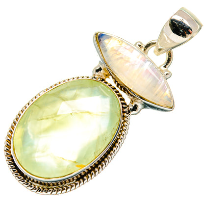 Oval pale green gemstone pendant with beaded border and opalescent moonstone top, bail