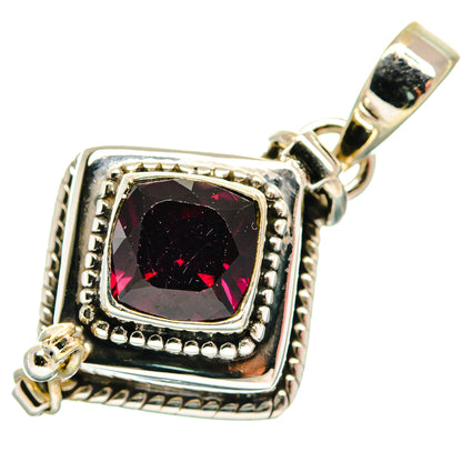 Sterling silver square garnet pendant with faceted dark red stone and side beaded frame