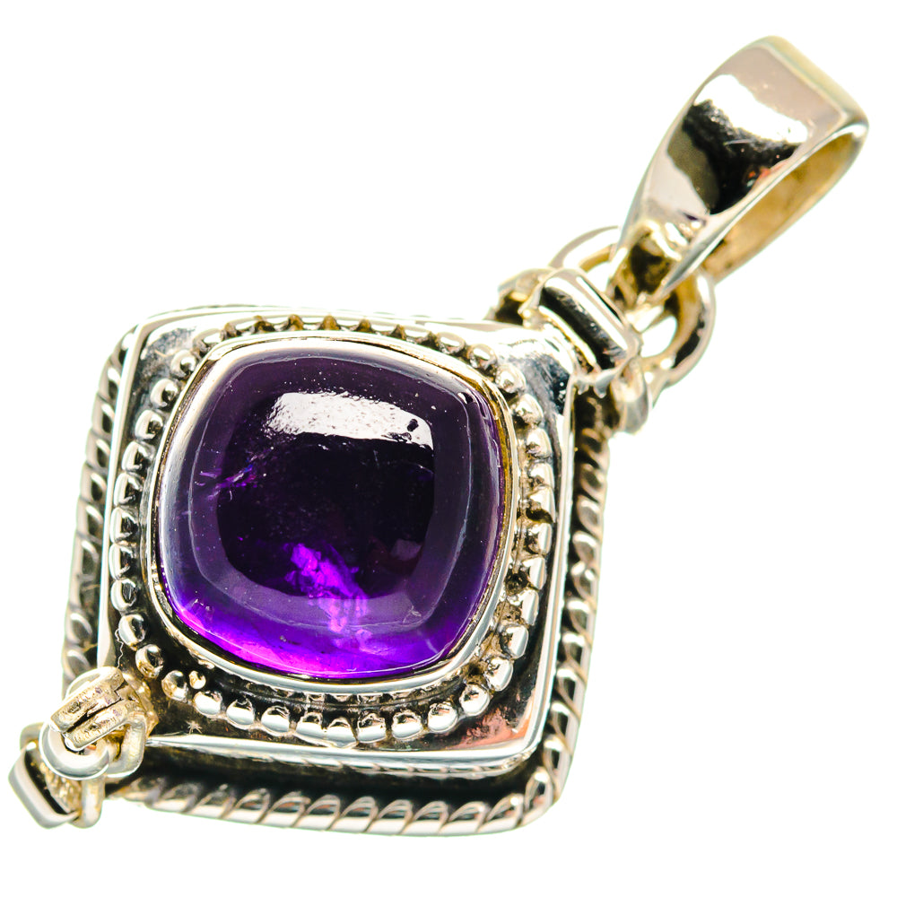 Amethyst pendant in 925 sterling silver with purple square stone, ornate bezel bail