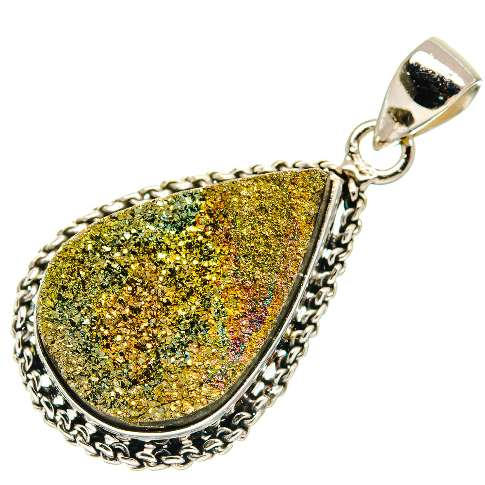 Sterling silver teardrop druzy pendant with yellow-gold chain and open bail top