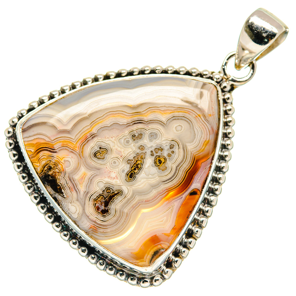 Lace agate pendant in sterling silver, triangular stone with beaded bezel and bail
