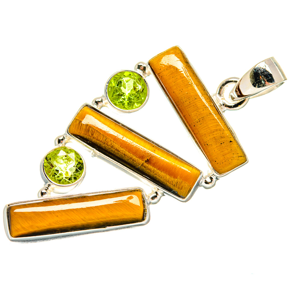 Sterling silver pendant featuring tiger-eye rectangle and green peridot round stones, bail
