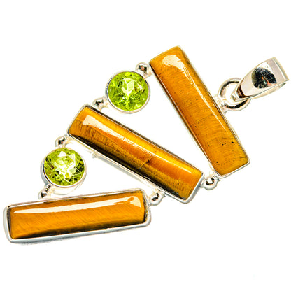 Sterling silver pendant featuring tiger-eye rectangle and green peridot round stones, bail