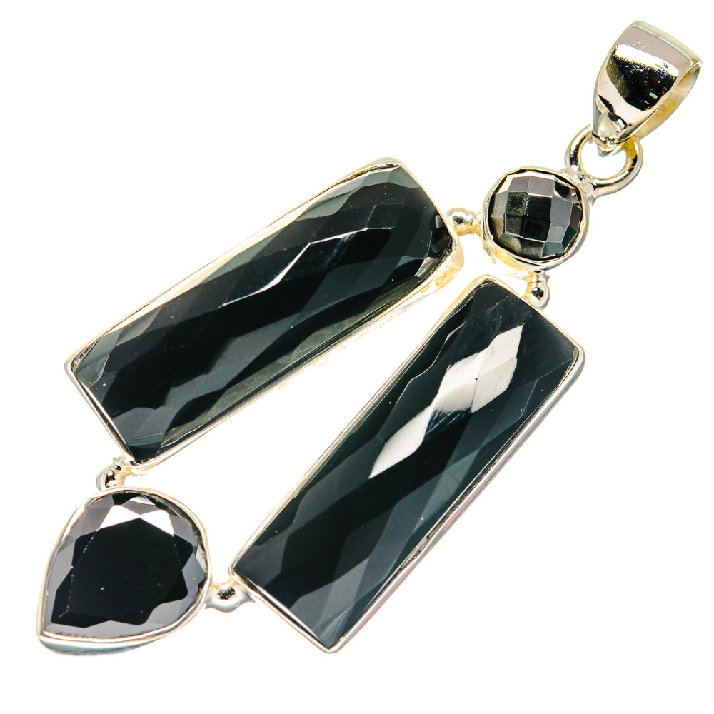 Sterling silver onyx cross pendant, black faceted center and side stones, top bail