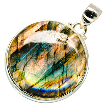Round labradorite pendant in sterling silver bezel and bail, multicolor iridescent stone