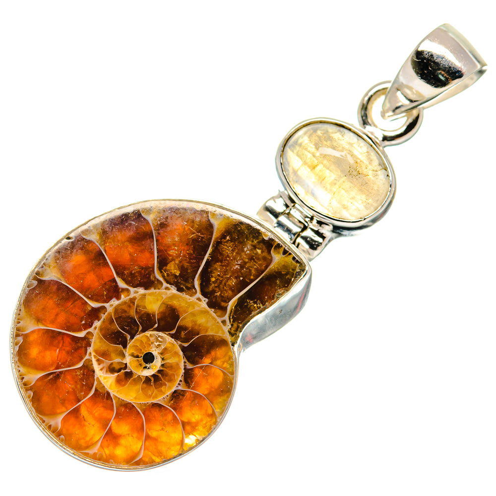 Ammonite Fossil, Rainbow Moonstone Pendants handcrafted by Ana Silver Co - PD21754