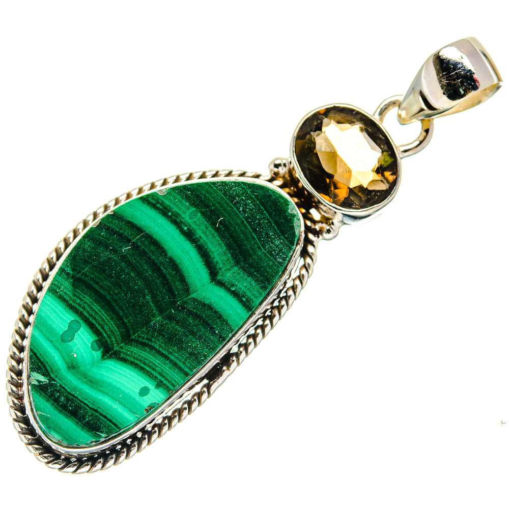 Oval malachite cabochon pendant with dark smoky quartz accents in 925 sterling silver