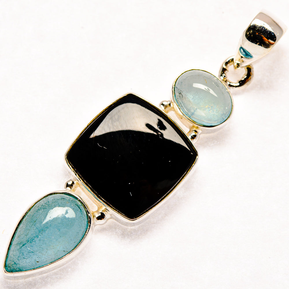 Black Onyx, Aquamarine Pendants handcrafted by Ana Silver Co - PD21828