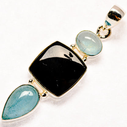 Black Onyx, Aquamarine Pendants handcrafted by Ana Silver Co - PD21828