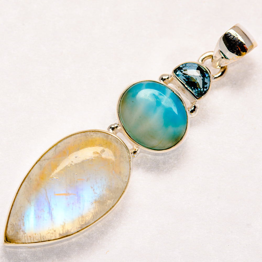 Rainbow Moonstone, Larimar, Blue Topaz Pendants handcrafted by Ana Silver Co - PD21836